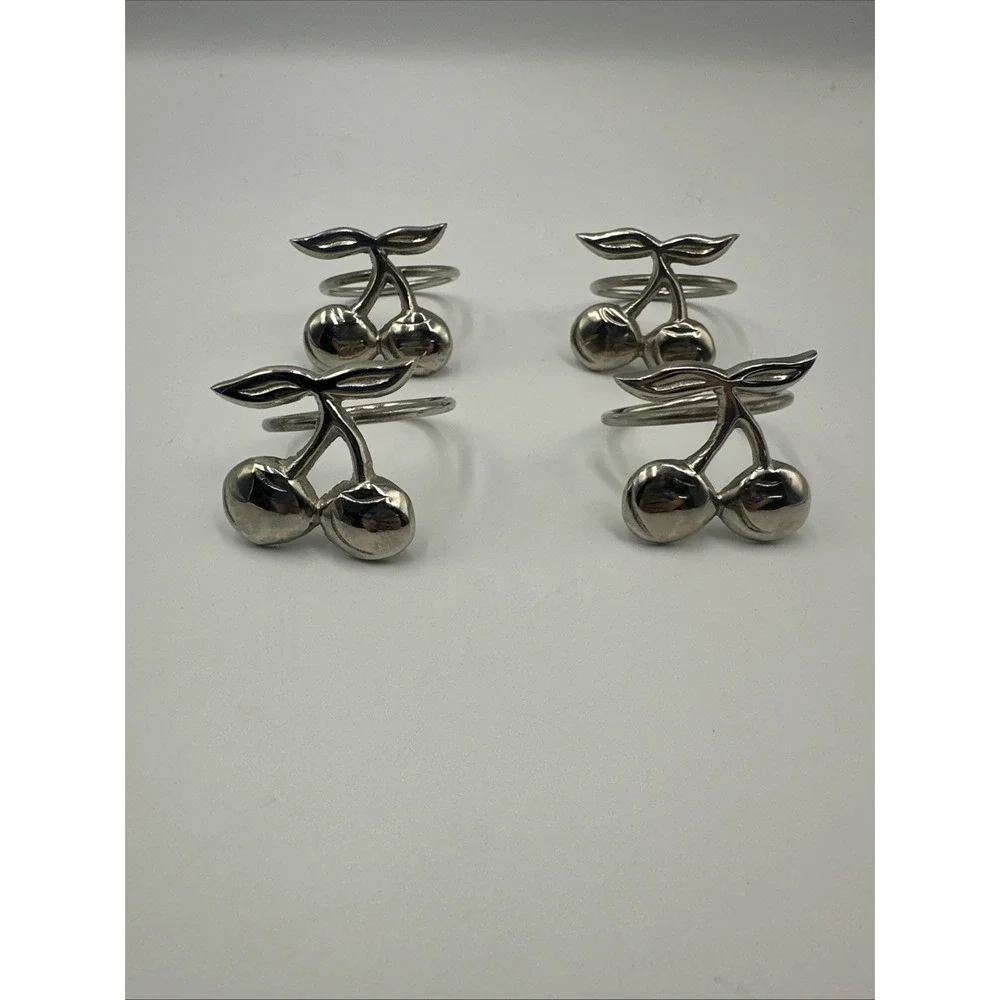 Set of 4 Vintage Pewter Cherry Fruit Napkin‎ Rings